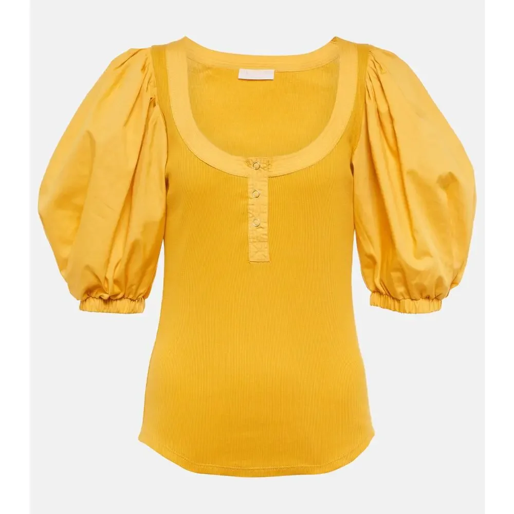 Ulla Johnson Janette Ribbed Puff Sleeve Knit Top Yellow Women's Small